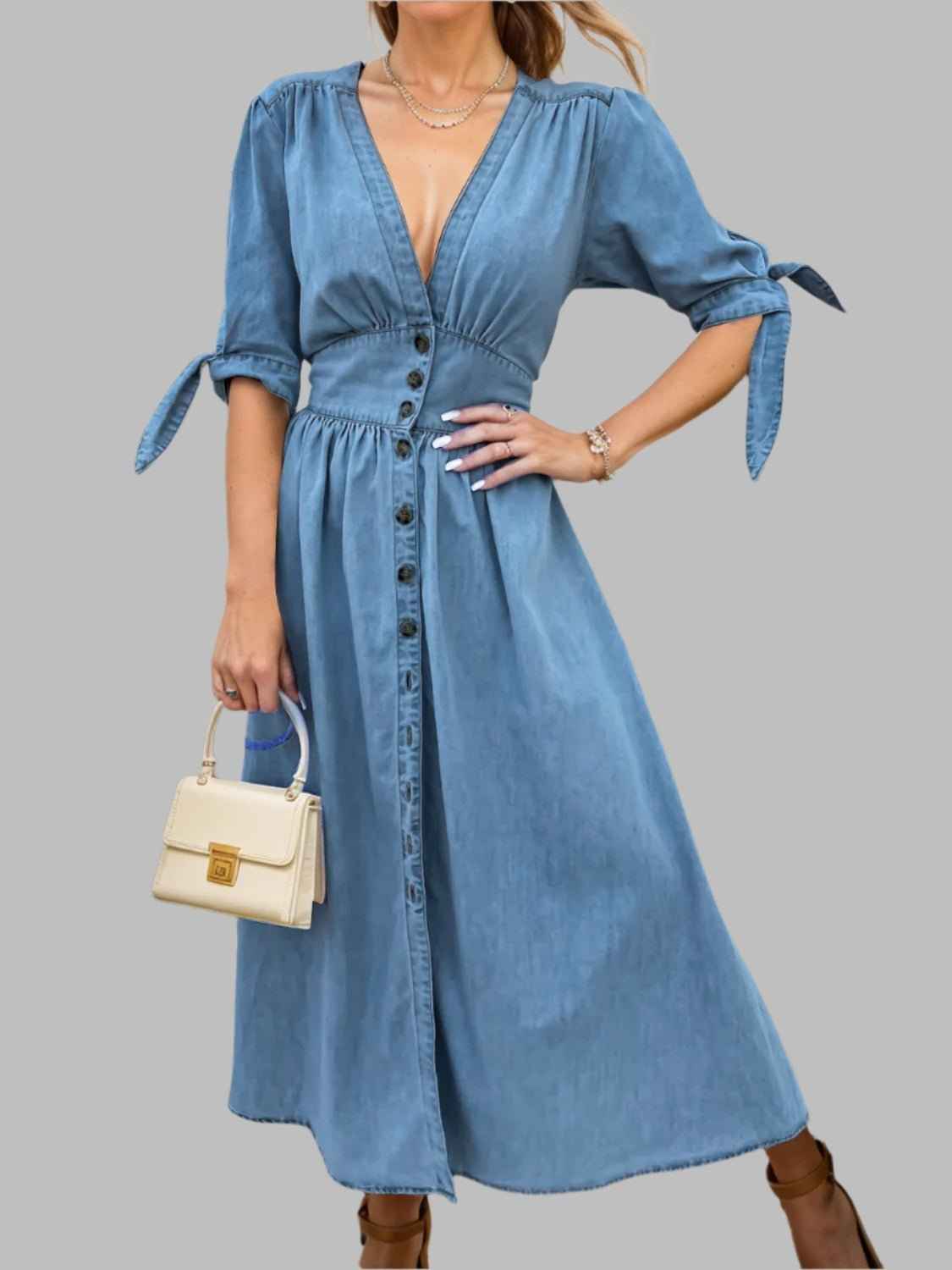 Plunge Tie Sleeve Denim Cotton Dress