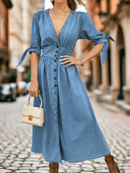 Plunge Tie Sleeve Denim Cotton Dress