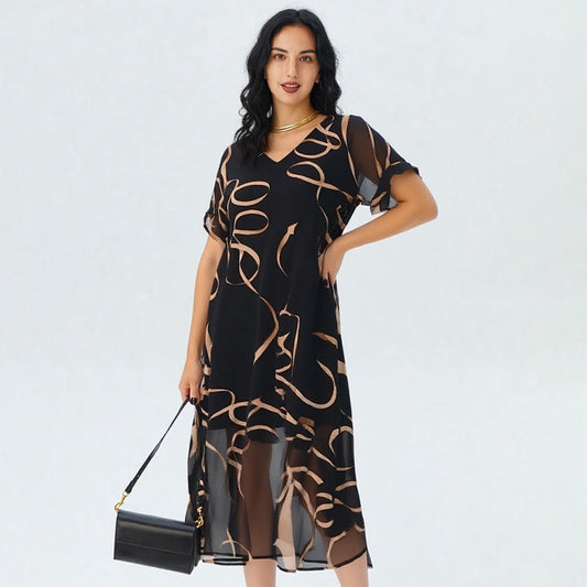 Flowy V-Neck Printed Long Dress